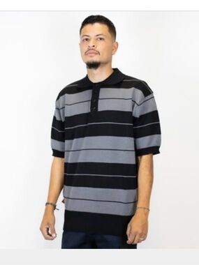 Men's Black and Gray Striped Polo Shirt